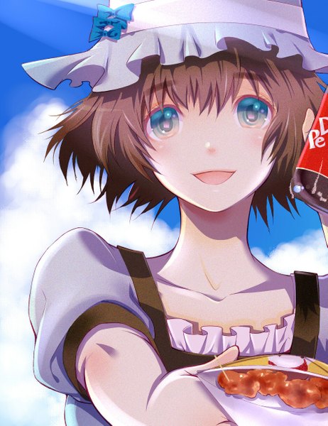 Anime picture 937x1217 with steins;gate white fox dr pepper shiina mayuri kuso bba single tall image looking at viewer short hair open mouth blue eyes brown hair sky cloud (clouds) girl dress hat