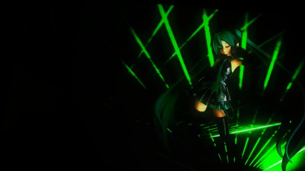Anime picture 1366x768 with vocaloid hatsune miku oscarsama single long hair fringe wide image twintails eyes closed very long hair green hair hair over one eye wallpaper glowing dark background girl laser statuette