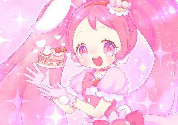 Anime picture 1700x1200 with precure kirakira precure a la mode toei animation usami ichika cure whip mashroom0302 single long hair blush open mouth twintails animal ears pink hair pink eyes arms up sparkle short sleeves puffy sleeves symbol-shaped pupils fake animal ears