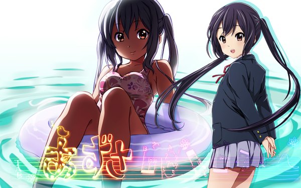 Anime picture 1440x900 with k-on! kyoto animation nakano azusa yume robo (artist) long hair black hair smile red eyes wide image twintails afloat girl uniform swimsuit school uniform swim ring