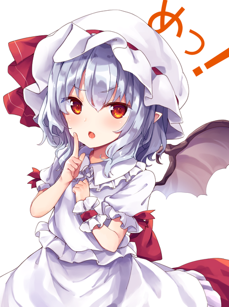 Anime picture 803x1078 with touhou remilia scarlet kedama milk single tall image looking at viewer blush short hair open mouth simple background red eyes white background silver hair pointy ears :o finger to mouth bat wings >:o girl hat