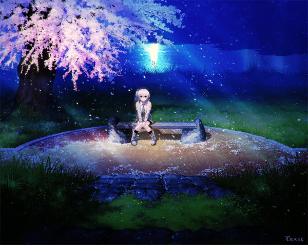 Anime picture 1000x797 with re:lief ~shin'ai naru anata e~ mocha (cotton) single looking at viewer fringe short hair sitting outdoors night cherry blossoms side ponytail reflection horizon knees touching lake girl uniform plant (plants) school uniform petals