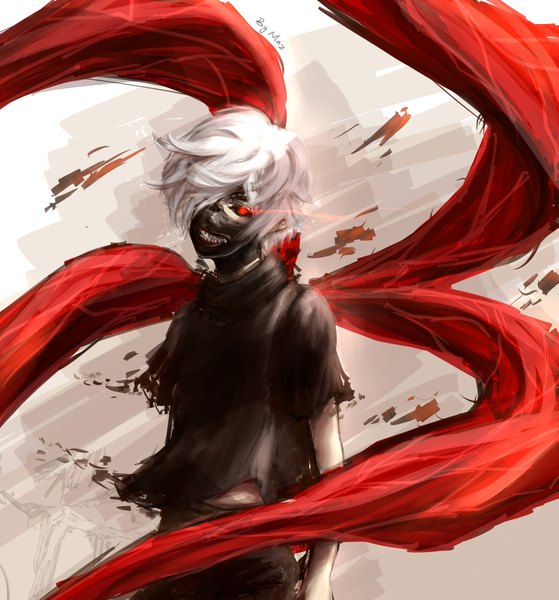 Anime picture 1493x1600 with tokyo ghoul studio pierrot kaneki ken mazarinee single tall image looking at viewer fringe short hair red eyes standing signed white hair head tilt wind hair over one eye grey background teeth torn clothes glowing