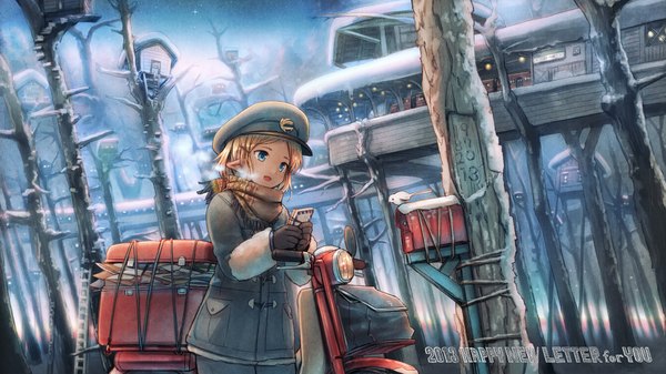 Anime picture 1920x1080 with original kurobuta gekkan highres short hair open mouth blue eyes blonde hair wide image pointy ears inscription girl gloves uniform hair ornament plant (plants) tree (trees) hairclip scarf letter scooter