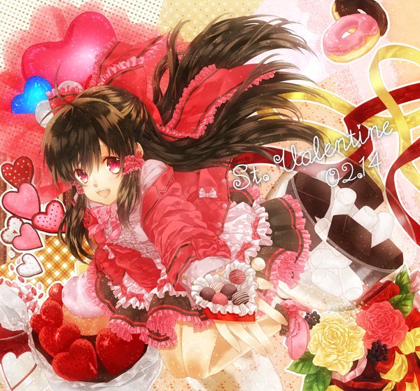 Anime picture 1899x1768 with touhou hakurei reimu kujaku renka (artist) single long hair highres open mouth red eyes brown hair valentine girl dress flower (flowers) bow hair bow detached sleeves food frills sweets chocolate
