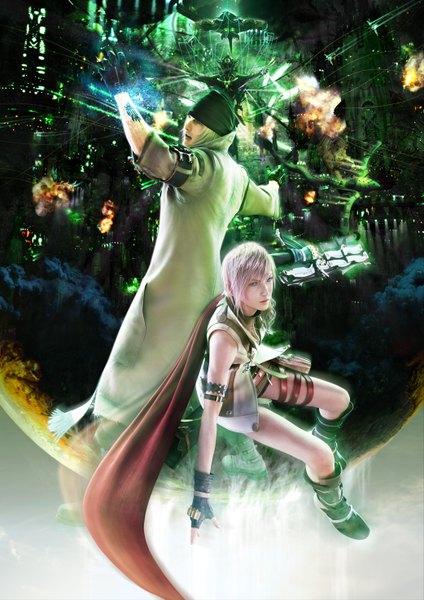 Anime picture 4166x5896 with final fantasy final fantasy xiii square enix lightning farron snow villiers long hair tall image highres short hair blonde hair pink hair absurdres realistic tattoo back to back girl boy gloves weapon fingerless gloves