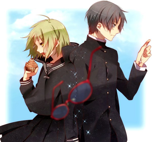 Anime picture 1246x1170 with vocaloid yowamushi mont-blanc (vocaloid) gumi murakami yuichi short hair black hair cloud (clouds) green hair couple tears eating back to back girl boy skirt uniform school uniform glasses food sweets