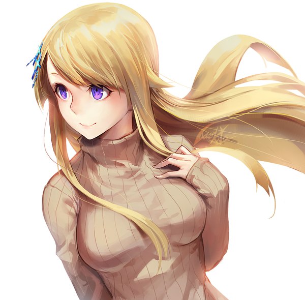 Anime picture 1000x984 with original luen kulo single long hair blush fringe blonde hair simple background smile white background purple eyes looking away upper body long sleeves wind girl hair ornament turtleneck