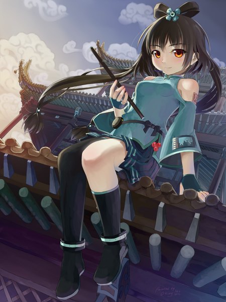 Anime picture 1650x2200 with vocaloid yayin gongyu okingjo long hair tall image blush black hair red eyes sitting twintails girl skirt hair ornament detached sleeves miniskirt boots fingerless gloves musical instrument japanese house flute