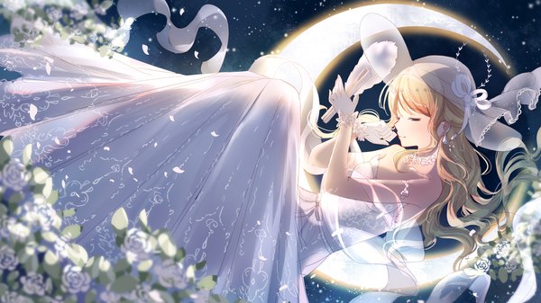 イラスト 1920x1080 と ミラクルニキ Bison倉鼠 ソロ 長髪 前髪 highres 金髪 笑顔 wide image 全身 eyes closed プロフィール night depth of field night sky wavy hair crescent 女の子 ドレス 手袋