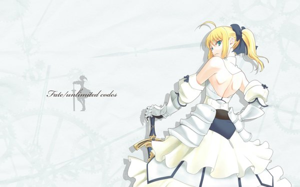 Anime picture 1920x1200 with fate (series) fate/stay night studio deen type-moon artoria pendragon (all) saber highres simple background blonde hair wide image white background green eyes ahoge ponytail looking back from behind back girl dress weapon