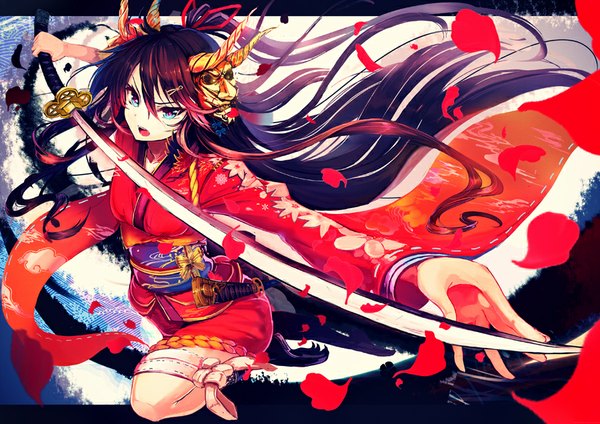 Anime picture 900x636 with original akabane (zebrasmise) single long hair looking at viewer open mouth blue eyes black hair holding bent knee (knees) red hair long sleeves traditional clothes japanese clothes multicolored hair horn (horns) wide sleeves outstretched arm floral print gradient hair