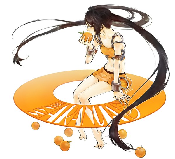 Anime picture 1100x1000 with arancia project original arancia yooani single looking at viewer black hair simple background white background sitting twintails bare shoulders very long hair barefoot orange eyes eating girl miniskirt orange (fruit)
