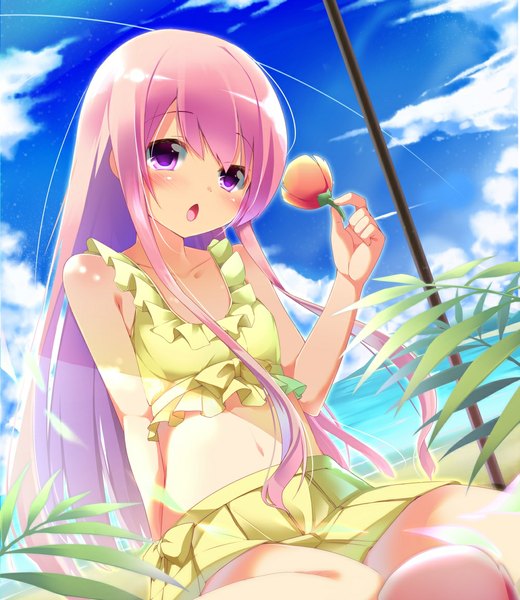 Anime picture 1000x1152 with ro-kyu-bu! project no.9 hakamada hinata shiina yuuki single long hair tall image looking at viewer open mouth sitting purple eyes bare shoulders pink hair sky purple hair cloud (clouds) bare belly loli beach girl