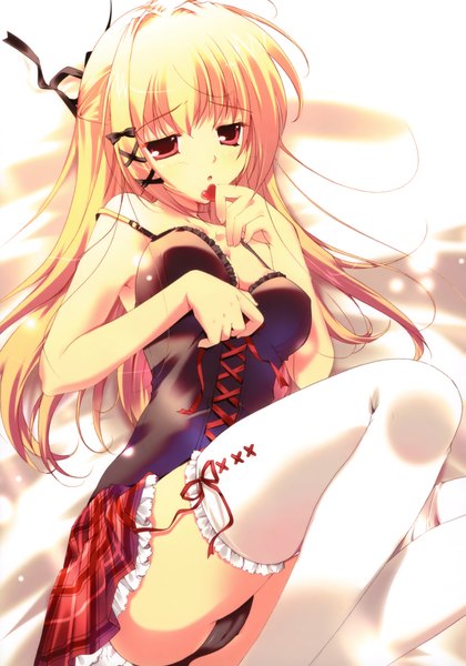 Anime picture 3273x4676 with original mikeou single long hair tall image highres open mouth light erotic blonde hair bare shoulders absurdres scan cameltoe girl thighhighs underwear panties white thighhighs lingerie black panties