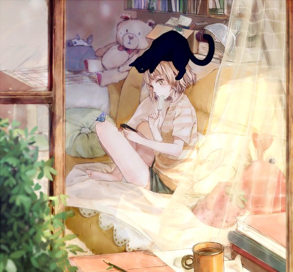 Anime picture 1010x940 with original bou shaku single blush short hair blonde hair sitting holding barefoot eating animal on head cat on head girl plant (plants) animal food shorts window sweets pillow