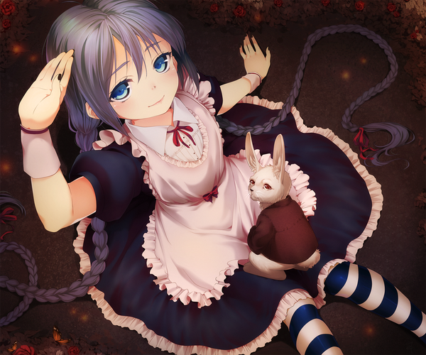 Anime picture 1692x1411 with alice in wonderland vocaloid hatsune miku white rabbit eventh7 single looking at viewer fringe blue eyes hair between eyes sitting blue hair braid (braids) very long hair light smile from above short sleeves twin braids girl dress