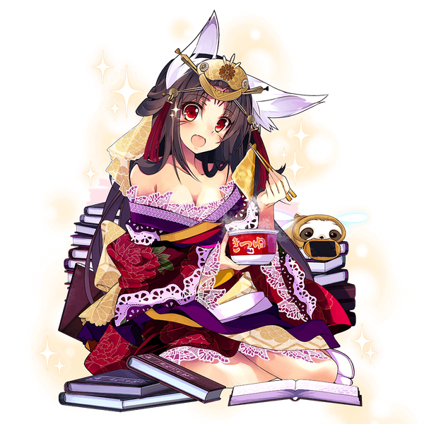Anime picture 1024x1024 with uchi no hime-sama ga ichiban kawaii tamamo (uchi no hime-sama ga ichiban kawaii) shirokitsune single long hair looking at viewer blush open mouth black hair smile red eyes sitting bare shoulders holding animal ears bent knee (knees) long sleeves traditional clothes head tilt :d