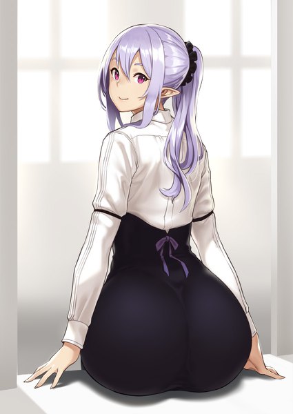 Anime picture 850x1200 with original houtengeki single long hair tall image looking at viewer fringe light erotic hair between eyes sitting payot purple hair ass ponytail pink eyes looking back light smile pointy ears from behind arm support