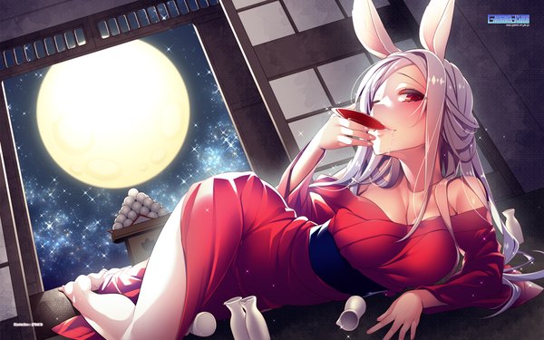 Anime picture 1920x1200 with game-style giuniu single long hair looking at viewer blush highres breasts open mouth light erotic red eyes large breasts bare shoulders animal ears purple hair bent knee (knees) long sleeves traditional clothes japanese clothes one eye closed
