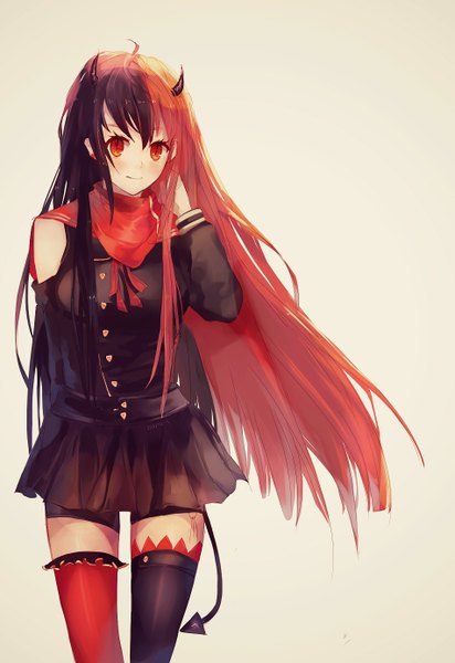 Anime picture 952x1384 with nana-e single long hair tall image looking at viewer blush fringe simple background smile standing tail pleated skirt multicolored hair horn (horns) two-tone hair orange eyes zettai ryouiki adjusting hair demon tail different thighhighs