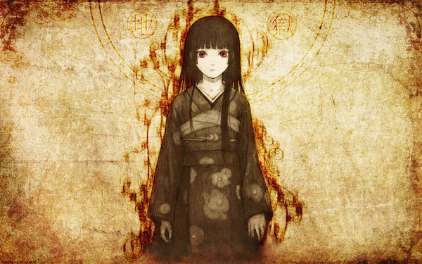Anime picture 1920x1200 with hell girl studio deen enma ai tagme (artist) single long hair looking at viewer fringe highres black hair red eyes traditional clothes japanese clothes inscription official art wallpaper floral print hieroglyph girl kimono