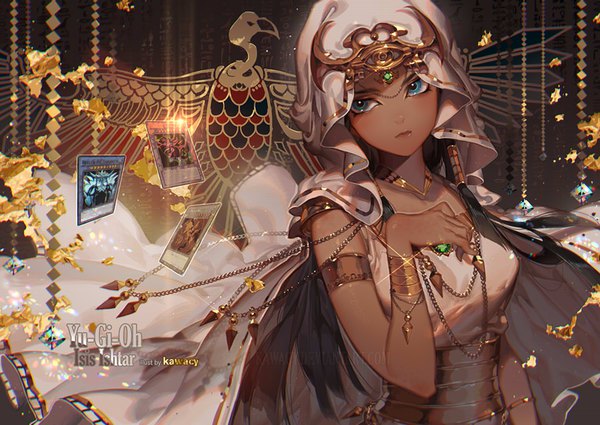 Anime picture 900x638 with yu-gi-oh! ishizu ishtar kawacy single long hair breasts blue eyes black hair looking away dark skin girl bracelet headband jewelry card (cards) wedding veil gold