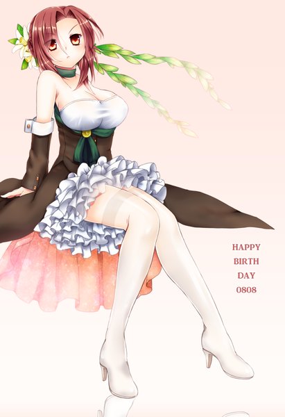Anime picture 700x1021 with mahou tsukai no yoru aozaki touko kamehima single tall image short hair breasts light erotic red eyes brown hair large breasts sitting happy birthday girl dress detached sleeves thigh boots