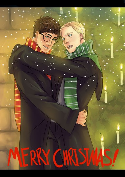 Anime picture 2975x4200 with harry potter harry potter (character) draco malfoy meexart tall image looking at viewer highres short hair open mouth blonde hair brown hair multiple boys hug snowing christmas letterboxed winter shounen ai merry christmas boy
