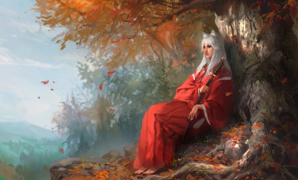 Anime picture 3291x2000 with inuyasha inuyasha (character) diegoocunha single long hair highres open mouth wide image sitting animal ears looking away sky white hair traditional clothes japanese clothes barefoot wind orange eyes lipstick red lipstick