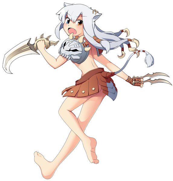 Anime picture 2832x2967 with league of legends rengar (league of legends) raoorica single long hair tall image highres open mouth blue eyes white background brown eyes animal ears white hair braid (braids) animal tail back genderswap girl weapon earrings