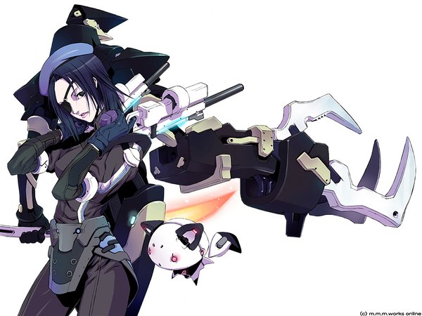 Anime picture 1280x960 with phantasy star phantasy star online sega short hair white background holding purple hair head tilt dual wielding back to back girl gloves uniform weapon sword gun beret eyepatch robot