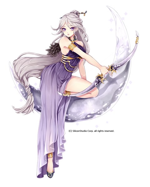 Anime picture 800x1000 with original millgua single long hair tall image looking at viewer simple background white background purple eyes silver hair girl dress hair ornament