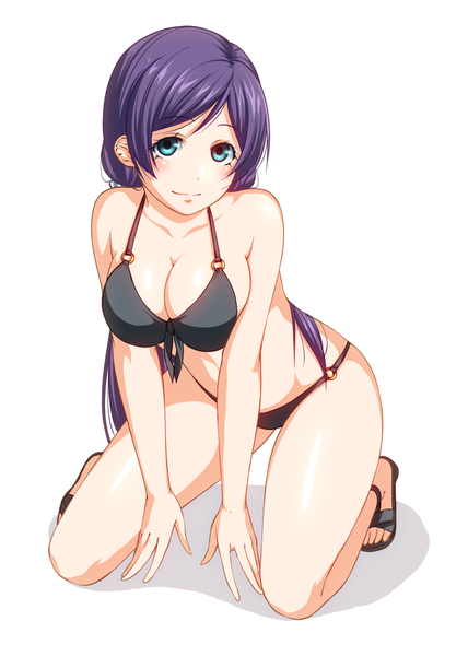 Anime picture 713x1000 with love live! school idol project sunrise (studio) love live! toujou nozomi noppi (noppi 98) single long hair tall image blush breasts blue eyes light erotic simple background smile large breasts white background purple hair full body kneeling girl