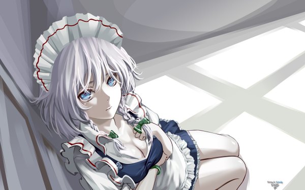Anime picture 2560x1600 with touhou izayoi sakuya highres short hair blue eyes wide image white hair maid girl uniform frills