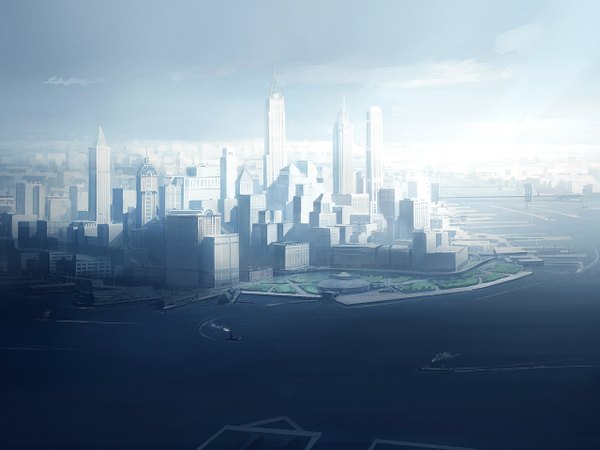 Anime picture 1280x960 with original seo tatsuya sky city cityscape no people river bridge watercraft skyscraper ship