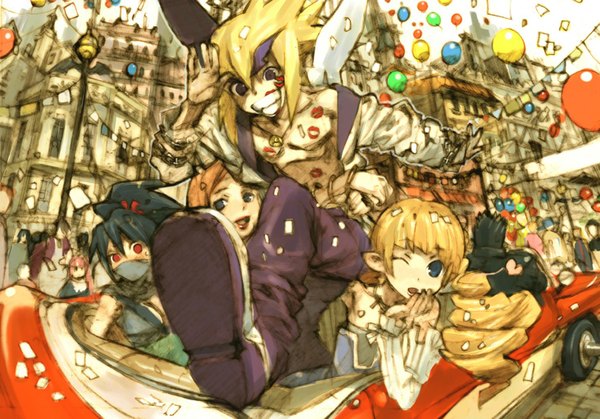 Anime picture 1463x1024 with makai senki disgaea 2 open mouth blue eyes black hair blonde hair smile red eyes purple eyes multiple girls one eye closed wink open clothes open jacket drill hair girl boy boots mask 4 girls ground vehicle
