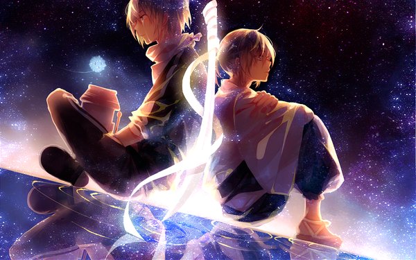 Anime picture 1200x750 with noragami studio bones yato (noragami) sail short hair sitting purple hair traditional clothes japanese clothes profile wide sleeves tears glowing reflection crying glow back to back dual persona glowing weapon boy
