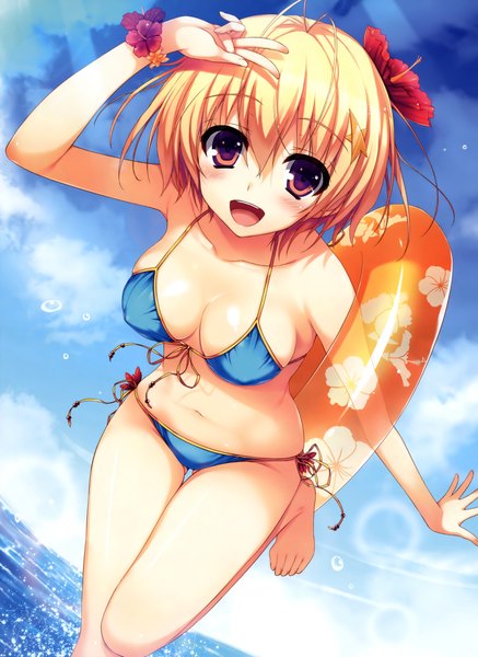 Anime picture 3300x4525 with reminiscence nozomi (reminiscence) tomose shunsaku single tall image blush highres short hair breasts open mouth light erotic blonde hair red eyes standing absurdres sky cloud (clouds) bent knee (knees) barefoot hair flower