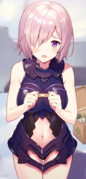 Anime picture 495x1024 with fate (series) fate/grand order mash kyrielight haru (hiyori-kohal) single tall image looking at viewer blush fringe short hair breasts open mouth light erotic large breasts purple eyes holding pink hair head tilt hair over one eye :o