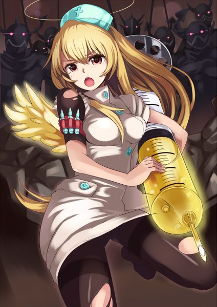 Anime picture 1753x2480 with original sora-bozu (artist) long hair tall image looking at viewer highres breasts open mouth light erotic blonde hair holding brown eyes one eye closed horn (horns) wink torn clothes glowing crossed arms nurse leg up