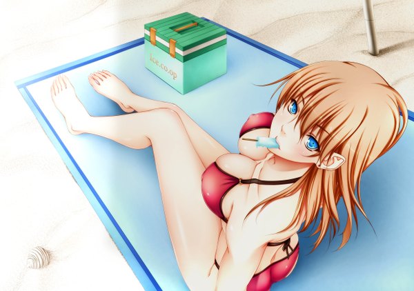 Anime picture 2480x1748 with original rayn single long hair fringe highres breasts blue eyes light erotic brown hair large breasts holding bent knee (knees) barefoot from above bare legs beach mouth hold food in mouth girl
