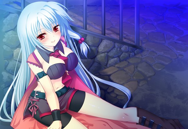 Anime picture 1370x942 with futsuno fantasy single long hair blush smile red eyes sitting game cg white hair bare belly girl necktie