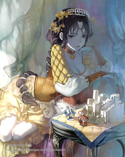 Anime picture 640x800 with original newrein (artist) single long hair tall image looking at viewer fringe breasts brown hair cleavage indoors braid (braids) parted lips hair flower lips reclining hand on cheek girl dress hair ornament