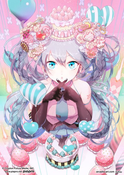 Anime picture 1316x1861 with vocaloid hatsune miku yuu (arcadia) single tall image looking at viewer fringe open mouth hair between eyes standing bare shoulders silver hair full body braid (braids) aqua eyes from above :o x fingers girl skirt
