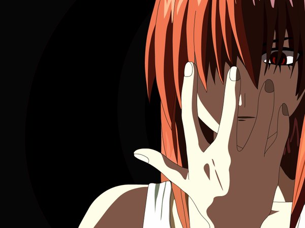 Anime picture 1600x1200 with elfen lied arms corporation lucy fringe red eyes pink hair black background girl hand