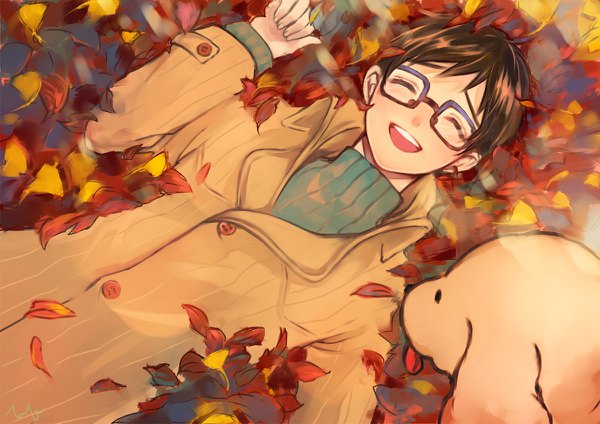 Anime picture 1200x848 with yuri!!! on ice mappa katsuki yuuri makkachin tamika single short hair open mouth smile brown hair lying eyes closed on back happy autumn boy animal glasses leaf (leaves) sweater