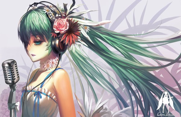 Anime picture 2120x1368 with vocaloid hatsune miku alphonse (white datura) single long hair highres twintails bare shoulders green eyes hair flower aqua eyes green hair aqua hair girl dress hair ornament flower (flowers) white dress headphones microphone