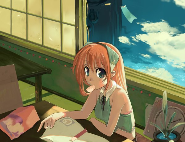 Anime picture 4320x3312 with original morii shizuki single long hair looking at viewer blush highres blue eyes sitting absurdres sky cloud (clouds) wind orange hair eating girl hairband book (books) table sliding doors