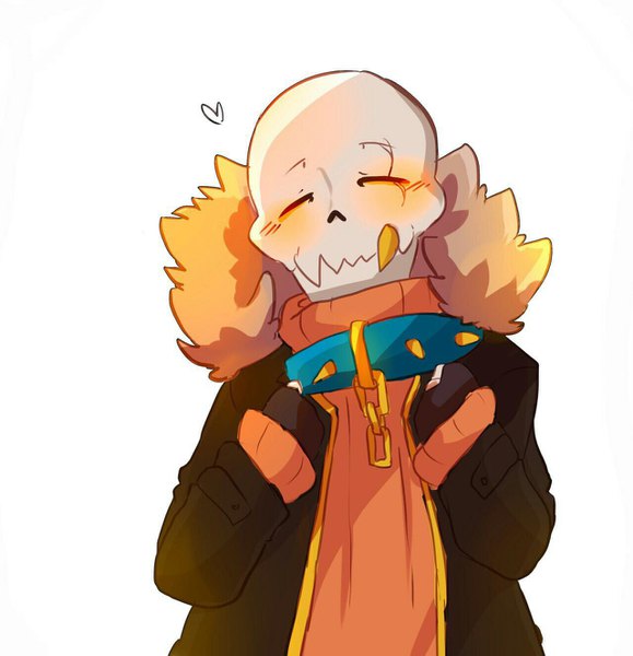 Anime picture 1280x1325 with undertale papyrus (undertale) papswapfell (puppyrus) tall image blush simple background white background upper body eyes closed open jacket fang (fangs) embarrassed fur trim facial mark scar skeleton crack gloves jacket heart